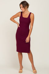 Plum Rib Knit Side Slit Midi Dress