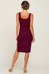 Plum Rib Knit Side Slit Midi Dress