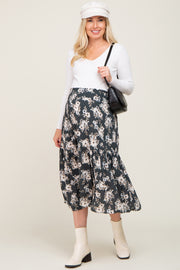 Charcoal Floral Smocked Maternity Midi Skirt