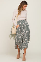 Olive Floral Smocked Waist Midi Skirt