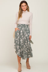 Olive Floral Smocked Waist Midi Skirt