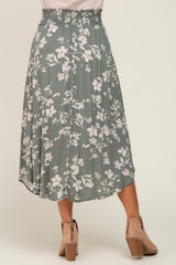 Olive Floral Smocked Waist Midi Skirt