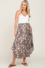 Grey Floral Smocked Waist Maternity Midi Skirt