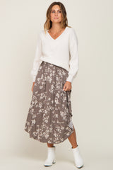 Grey Floral Smocked Waist Midi Skirt