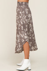 Grey Floral Smocked Waist Midi Skirt