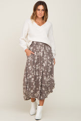 Grey Floral Smocked Waist Midi Skirt