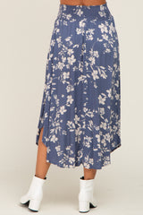 Blue Floral Smocked Waist Midi Skirt