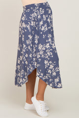 Blue Floral Smocked Waist Maternity Midi Skirt