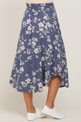 Blue Floral Smocked Waist Maternity Midi Skirt