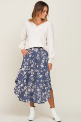 Blue Floral Smocked Waist Midi Skirt