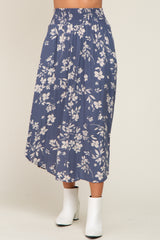 Blue Floral Smocked Waist Midi Skirt