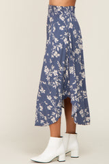 Blue Floral Smocked Waist Midi Skirt