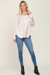 Beige Satin Button Down Long Sleeve Top