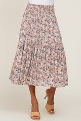 Light Pink Floral Smocked Midi Skirt