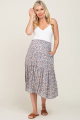 Taupe Floral Smocked Maternity Midi Skirt