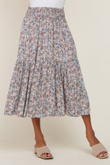 Taupe Floral Smocked Midi Skirt