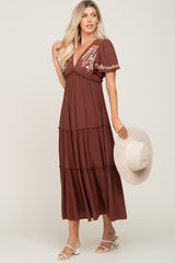 Brown Embroidered Tiered Maternity Maxi Dress