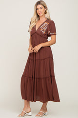 Brown Embroidered Tiered Maxi Dress