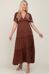 Brown Embroidered Tiered Maternity Maxi Dress