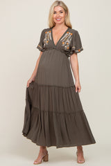 Olive Embroidered Tiered Maternity Maxi Dress