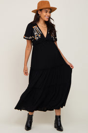 Black Embroidered Tiered Maternity Maxi Dress