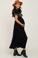 Black Embroidered Tiered Maternity Maxi Dress