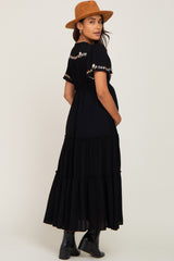 Black Embroidered Tiered Maternity Maxi Dress