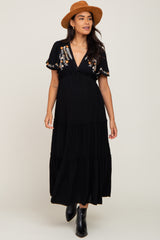 Black Embroidered Tiered Maternity Maxi Dress