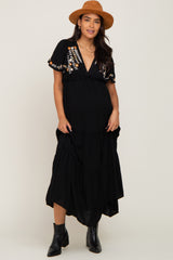 Black Embroidered Tiered Maternity Maxi Dress