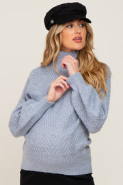 Blue Knit Turtleneck Maternity Sweater