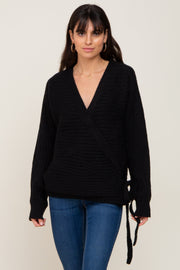 Black Rib Knit Wrap Sweater