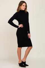 Black Rib Knit Turtleneck Sweater Dress