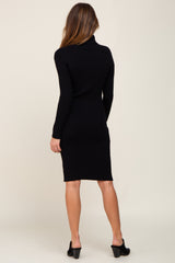 Black Rib Knit Turtleneck Sweater Dress