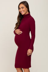 Burgundy Rib Knit Turtleneck Maternity Sweater Dress