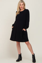 Black Terry Knit Long Sleeve Maternity Dress