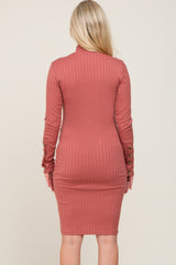 Mauve Ribbed Mock Neck Long Sleeve Maternity Dress