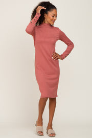 Mauve Ribbed Mock Neck Long Sleeve Dress