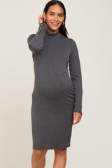 Charcoal Ribbed Mock Neck Long Sleeve Maternity Dress