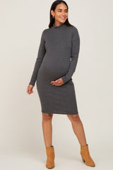 Charcoal Ribbed Mock Neck Long Sleeve Maternity Dress