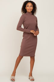 Brown Ribbed Mock Neck Long Sleeve Dress