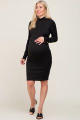 Black Ribbed Mock Neck Long Sleeve Maternity Dress