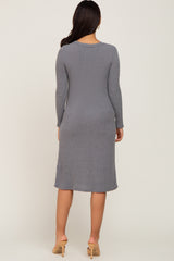 Grey Ribbed Long Sleeve Maternity Midi Dress