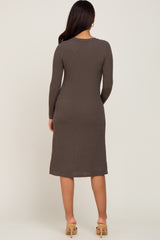 Brown Ribbed Long Sleeve Maternity Midi Dress