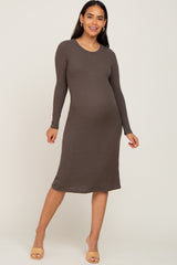 Brown Ribbed Long Sleeve Maternity Midi Dress