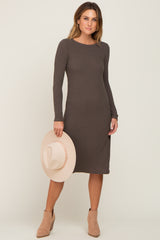 Brown Ribbed Long Sleeve Midi Dress