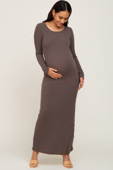 Mocha Ribbed Fitted Long Sleeve Maternity Maxi Dress