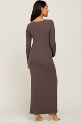 Mocha Ribbed Fitted Long Sleeve Maternity Maxi Dress