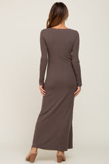 Mocha Ribbed Fitted Long Sleeve Maxi Dress