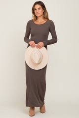 Mocha Ribbed Fitted Long Sleeve Maxi Dress