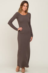 Mocha Ribbed Fitted Long Sleeve Maxi Dress